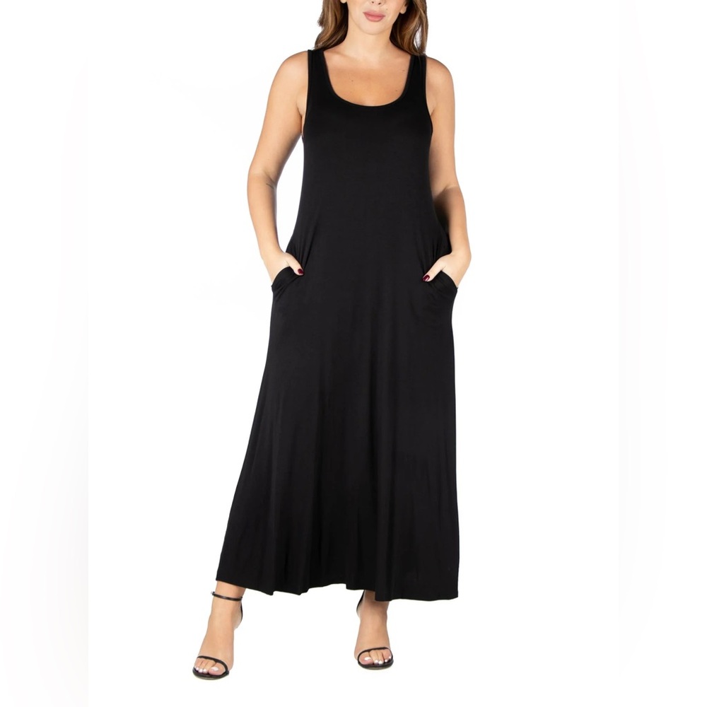 Soft Surroundings Black Scooped Neck Stretchy Pullover Maxi Dress Pockets Size S